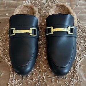 PRISTINE CONDITION Chic Black Mules with Gold Accents